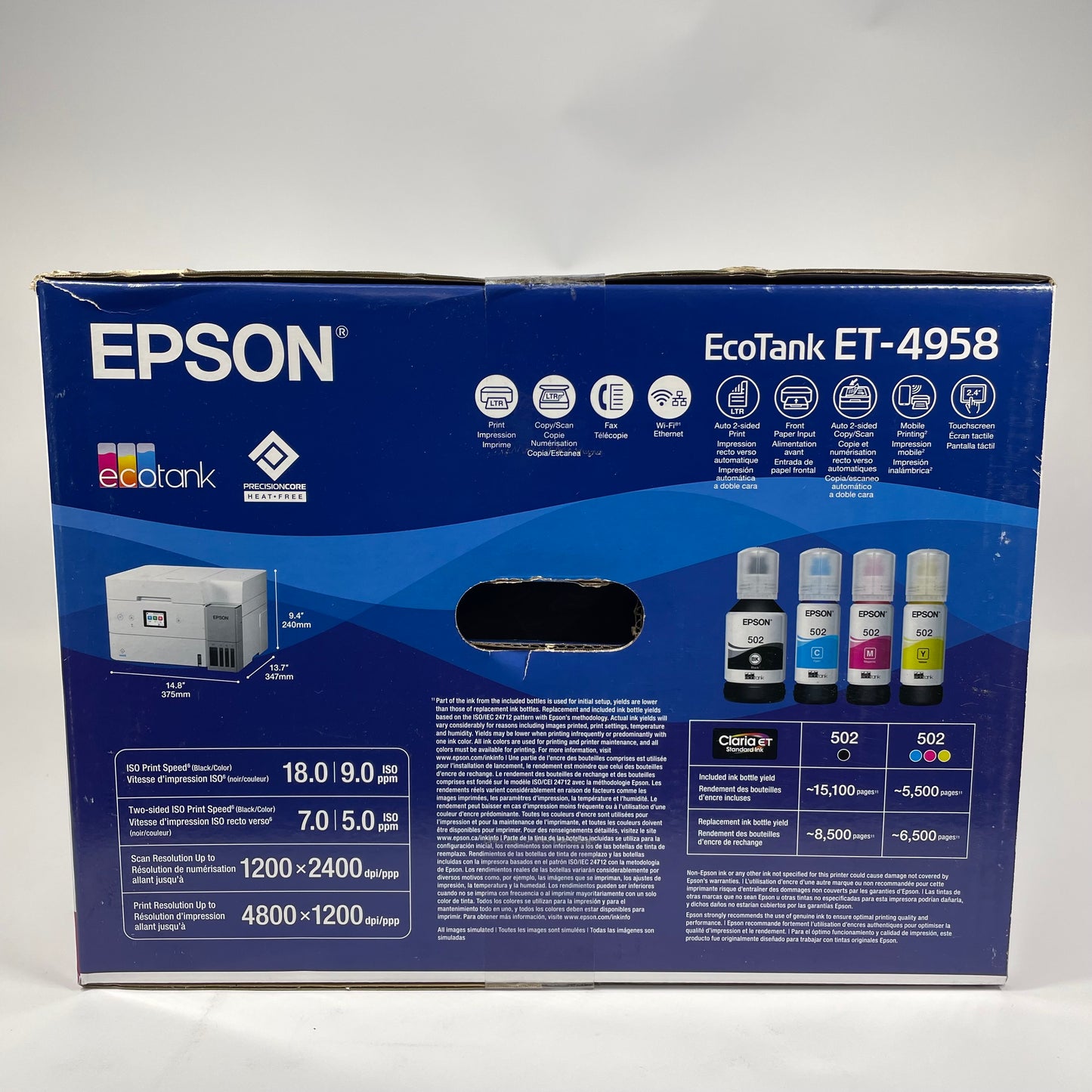 New Epson Ecotank ET-4958 Wireless All-in-One Color Supertank Printer C11CL40203