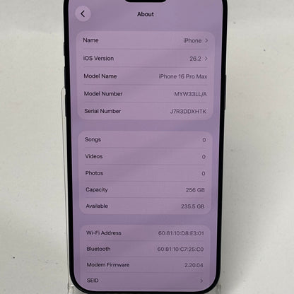 Factory Unlocked Apple iPhone 16 Pro Max 256GB Black MYW33LL/A