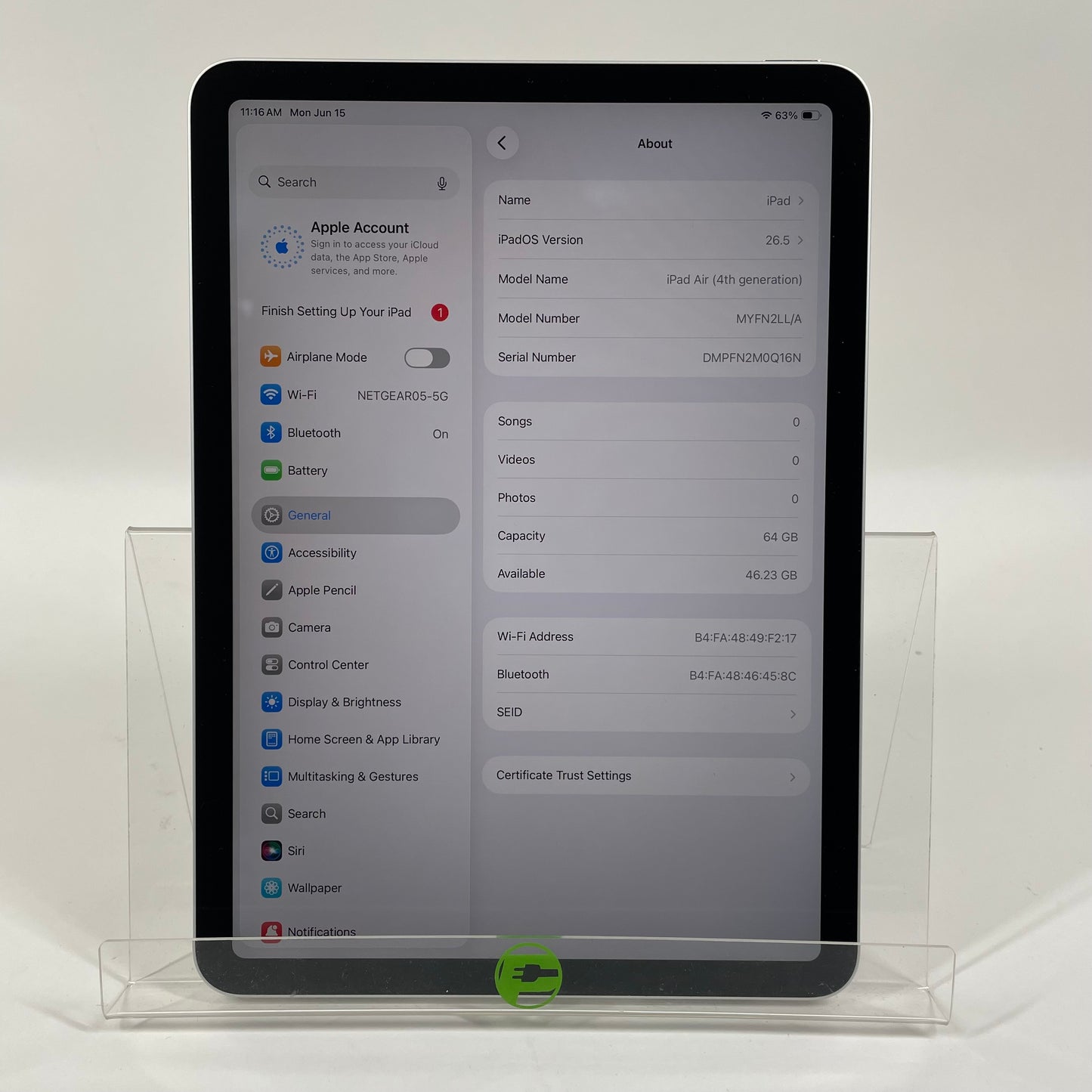 WiFi Only Apple iPad Air 4th Gen 64GB Silver MYFN2LL/A