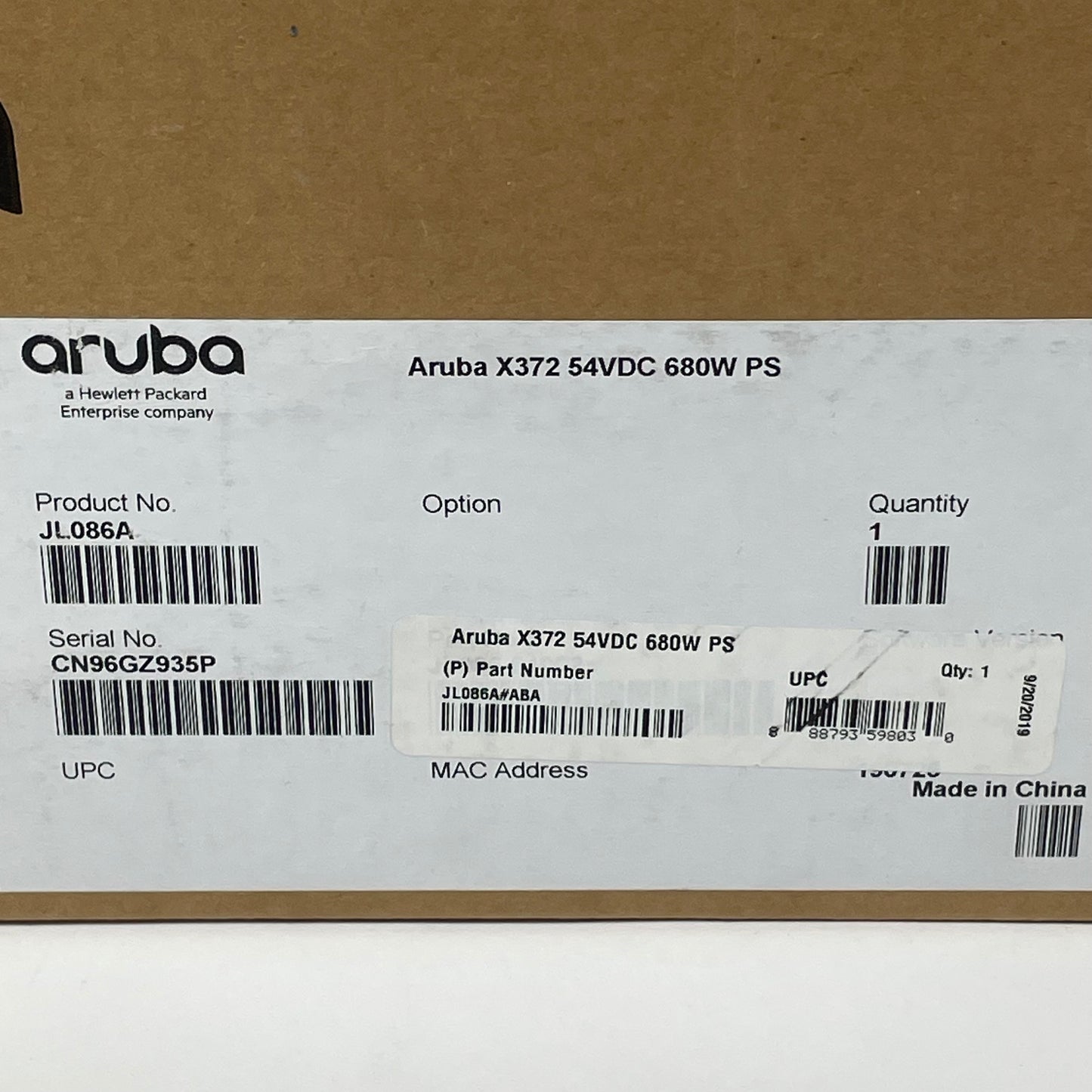 New HPE Aruba X372 54VDC 680W PS Power Supply JL086A