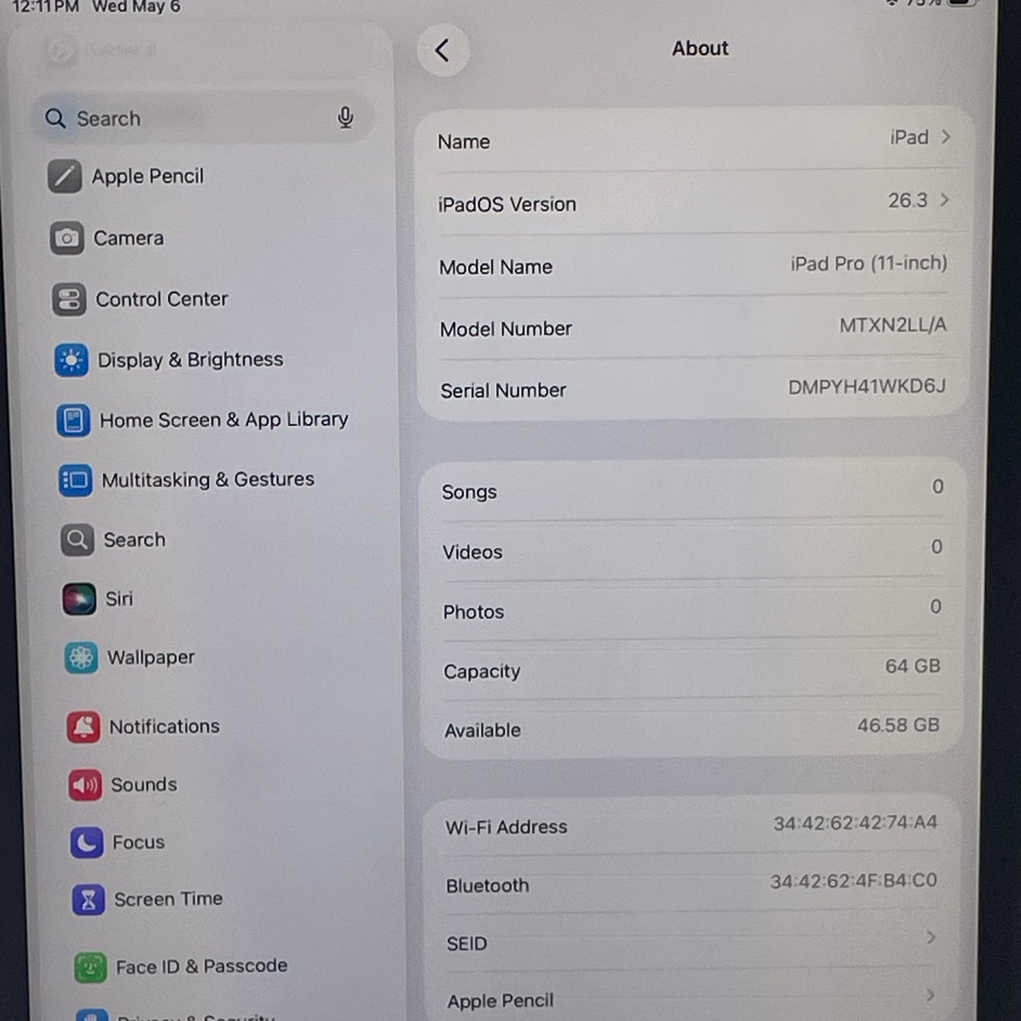 WiFi Only Apple iPad Pro 11" 1st Gen 64GB Space Gray MTXN2LL/A