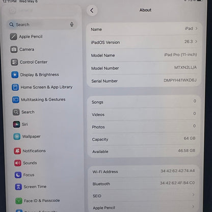 WiFi Only Apple iPad Pro 11" 1st Gen 64GB Space Gray MTXN2LL/A