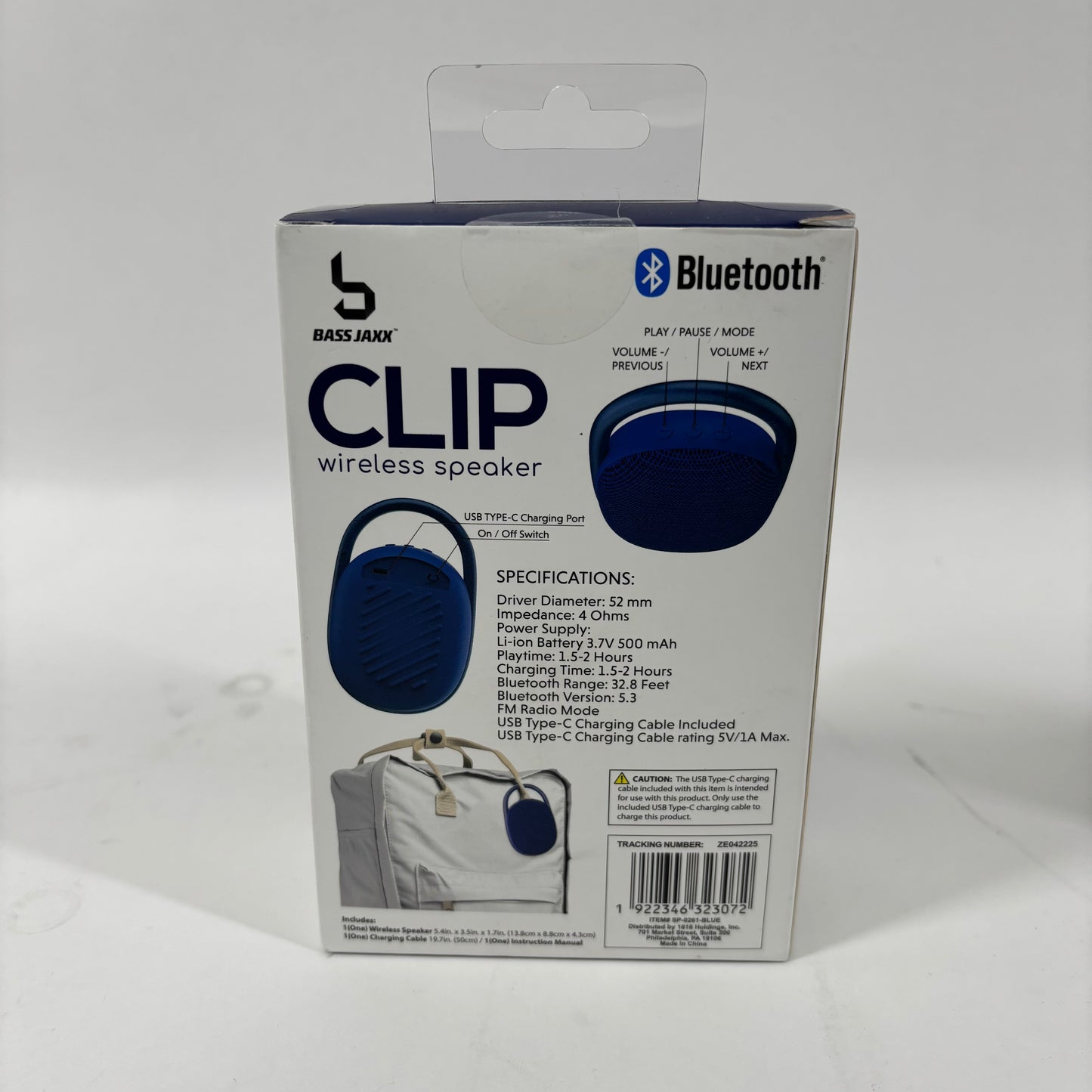 New Bass Jaxx Clip Bluetooth Speaker Blue SP-0261-BLUE