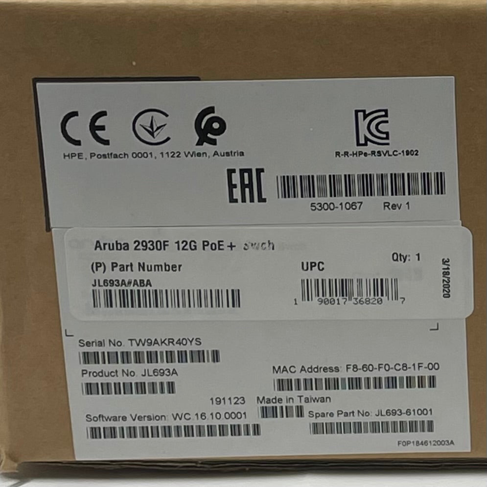 New HPE Aruba 2930F 12G PoE + Switch 12-Port JL693A