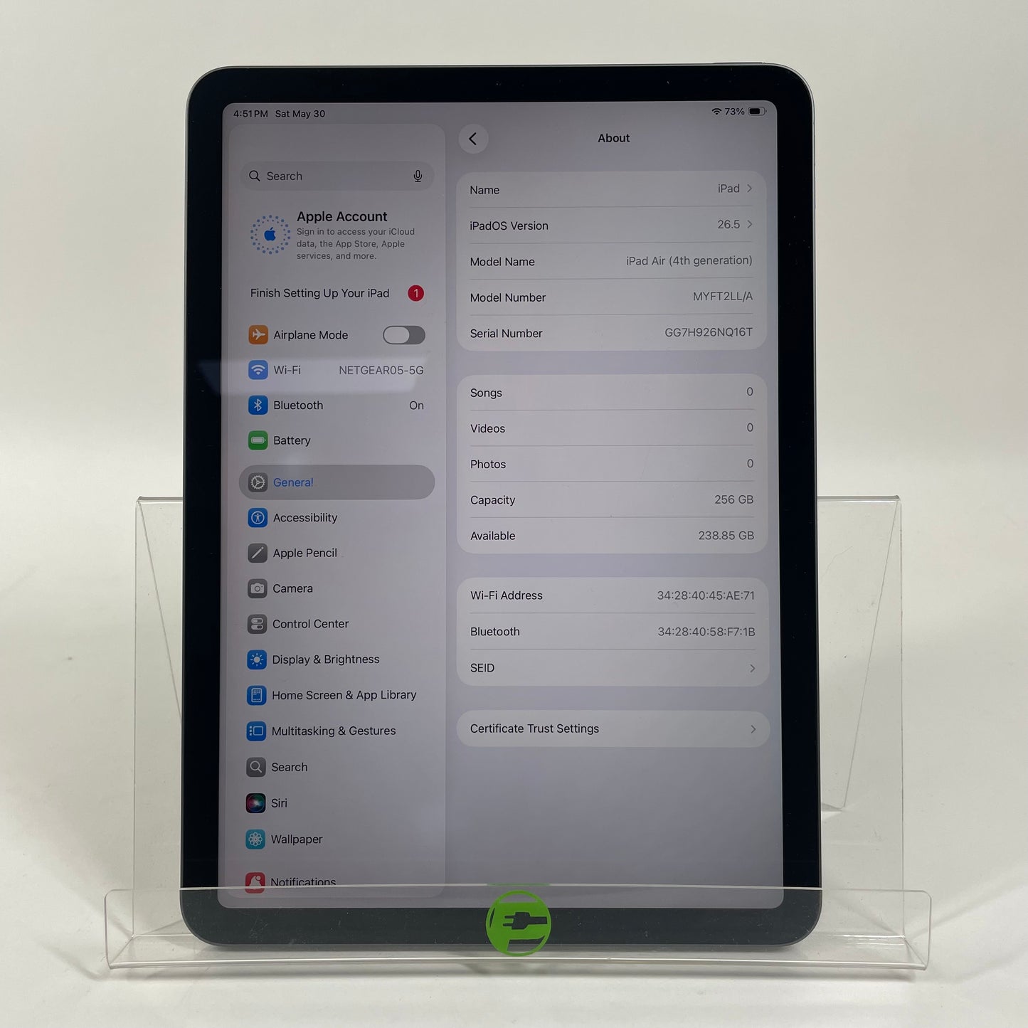 WiFi Only Apple iPad Air 4th Gen 256GB Space Gray MYFT2LL/A