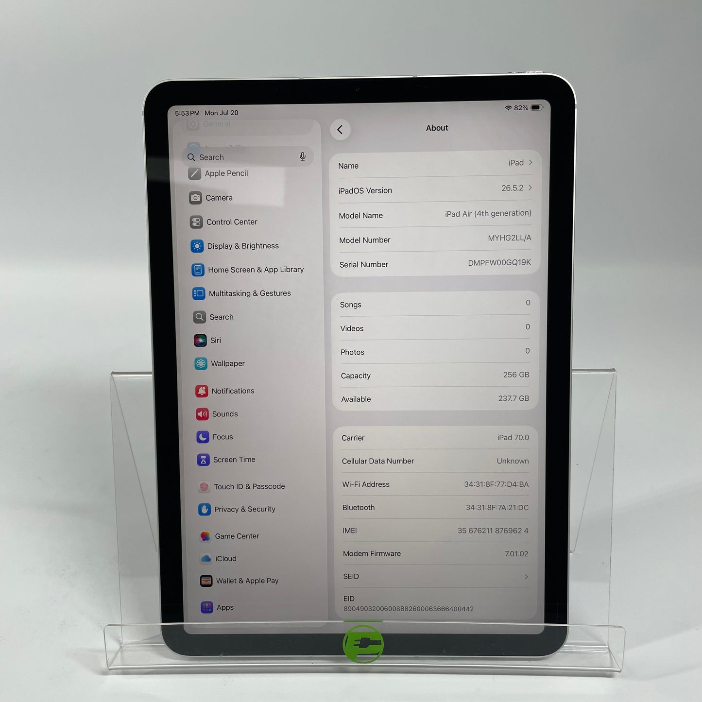 Factory Unlocked Apple iPad Air 4th Gen 256GB Silver MYHG2LL/A