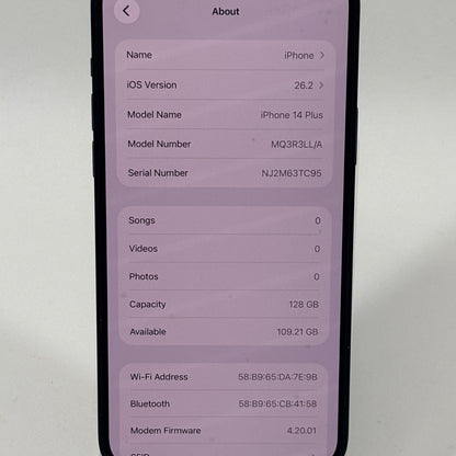Factory Unlocked Apple iPhone 14 Plus 128GB Midnight MQ3R3LL/A
