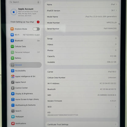 WiFi Only Apple iPad Pro 12.9" 6th Gen 512GB Space Gray MP623LL/A