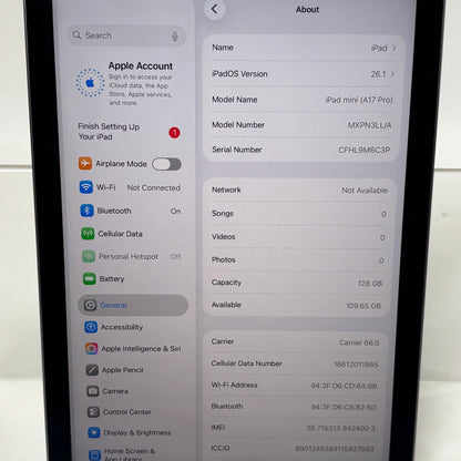 WiFi Only Apple iPad mini (A17 Pro) 128GB Space Gray MXPN3LL/A