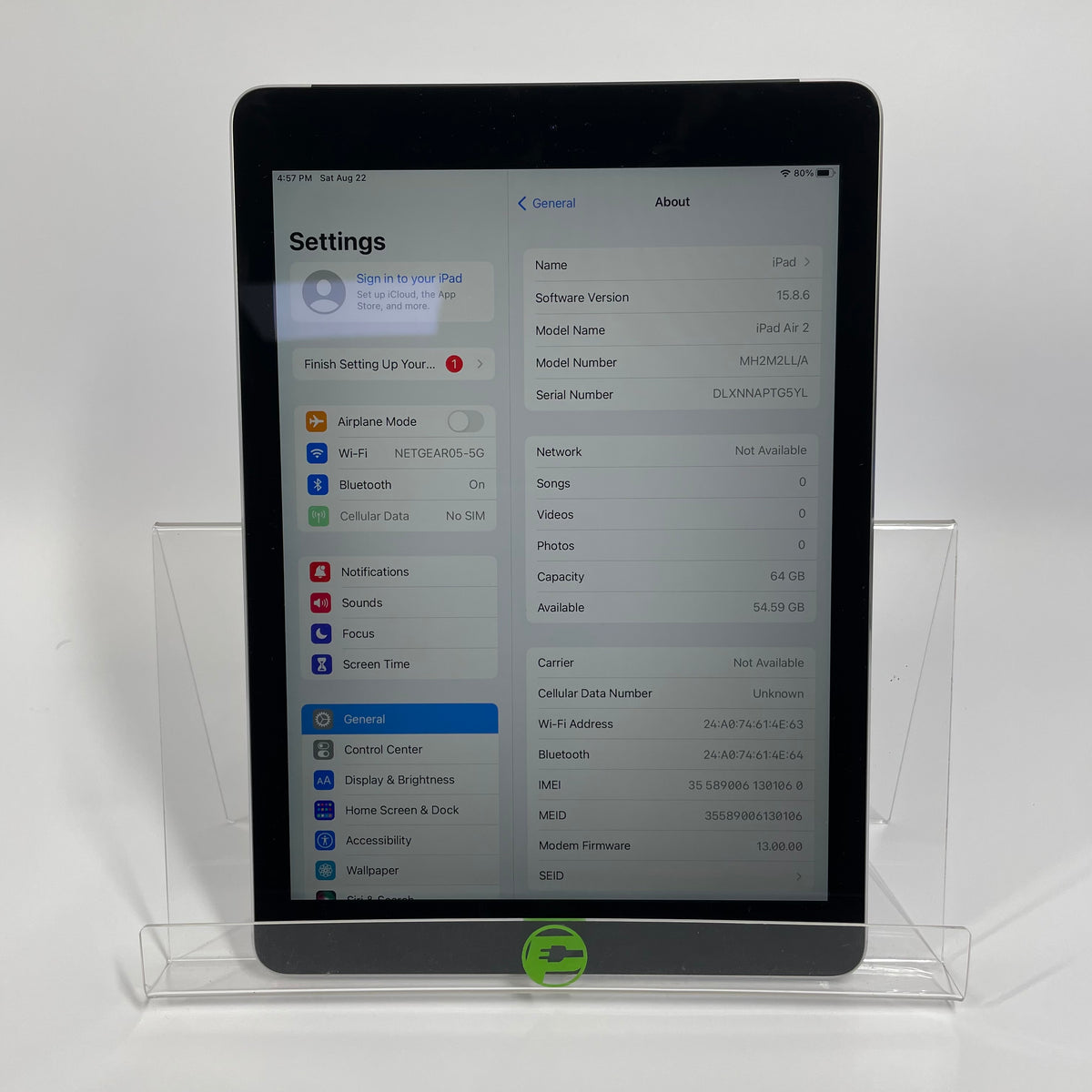 Unlocked Apple iPad Air 2nd Gen 64GB 15.8.8 Silver MH2M2LL/A