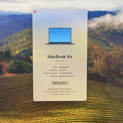 2022 Apple MacBook Air 13.6" M2 8C GPU 3.5GHz 16GB RAM 256GB SSD MC7X4LL/A