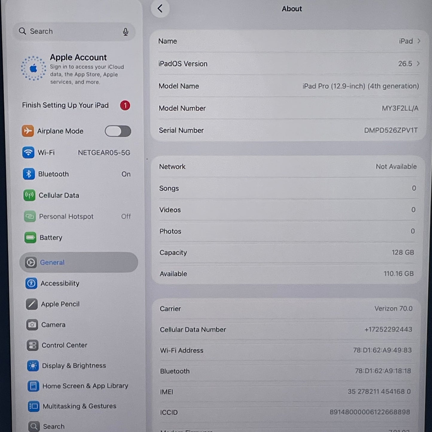 Verizon Apple iPad Pro 12.9" 4th Gen 128GB Silver MY3F2LL/A