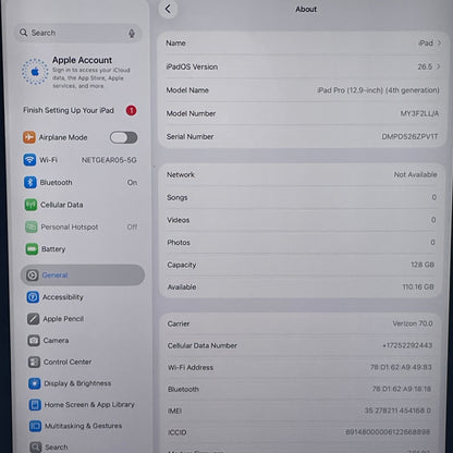 Verizon Apple iPad Pro 12.9" 4th Gen 128GB Silver MY3F2LL/A
