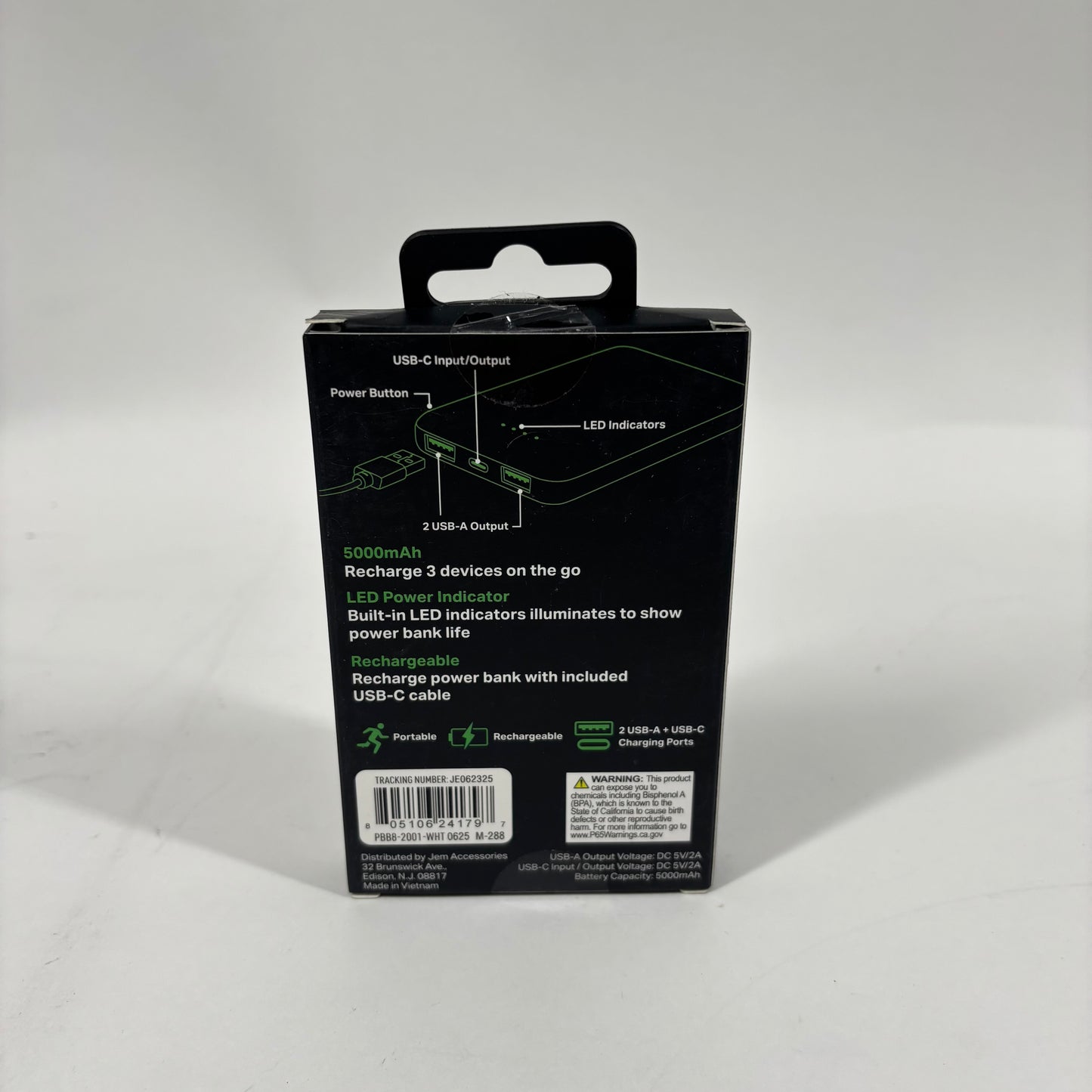 New Jem Accessories Power Bank 5000mah Rechargeable PBB8-2001-WHT 0625 M-288