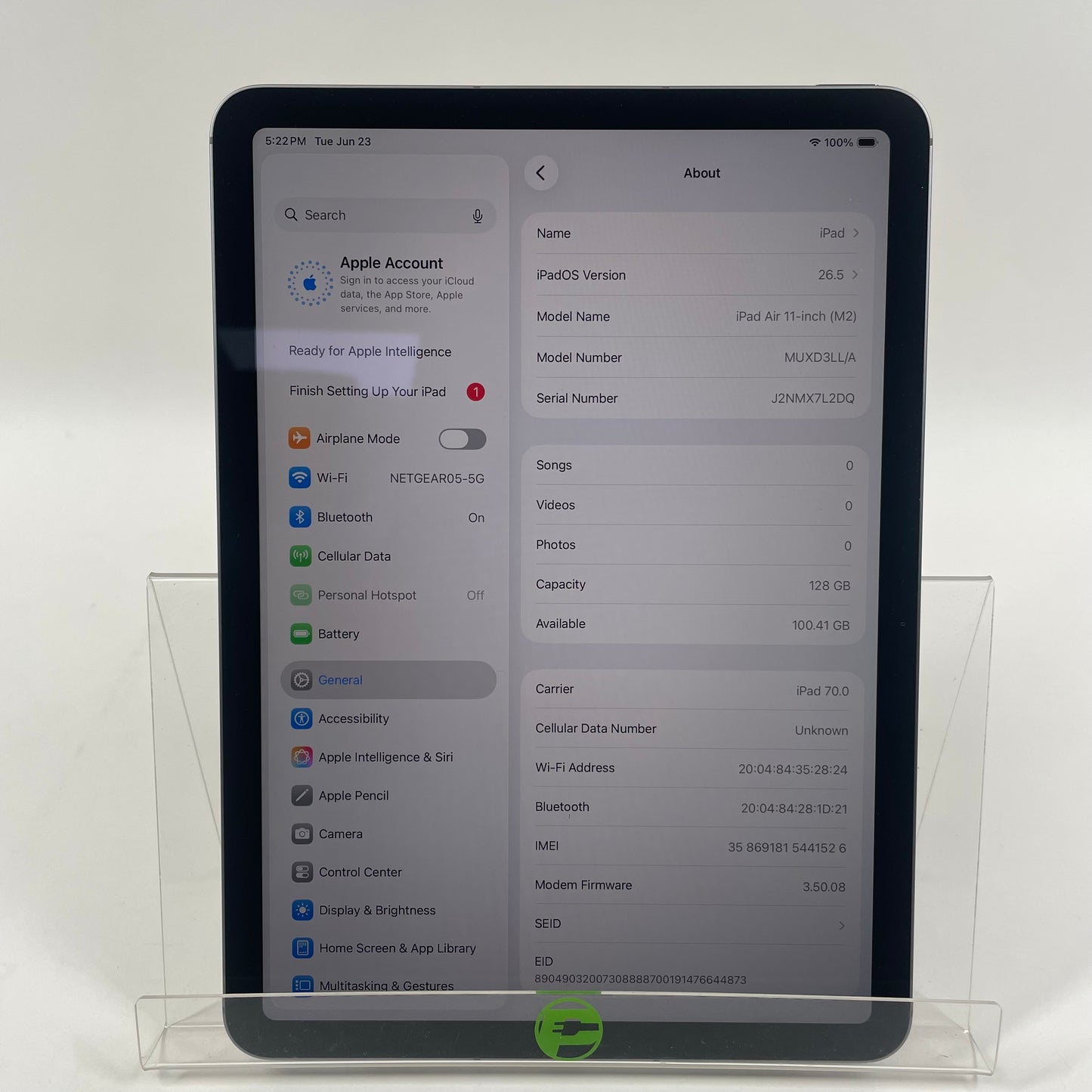 Unlocked Apple iPad Air 11" M2 128GB Space Gray MUXD3LL/A