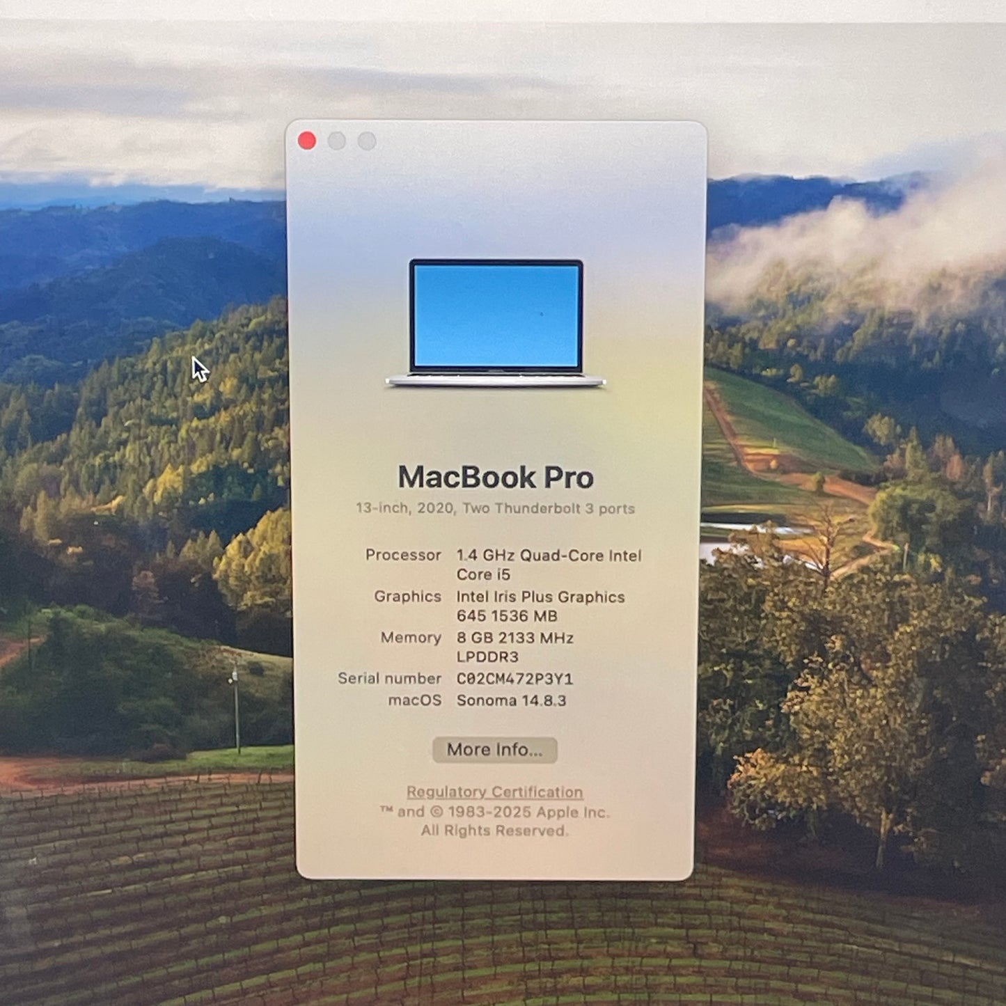 2020 Apple MacBook Pro 13.3" Intel 8C GPU 3.2GHz 8GB RAM 256GB SSD A2289