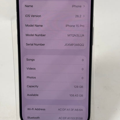 Factory Unlocked Apple iPhone 15 Pro 128GB White Titanium MTQN3LL/A
